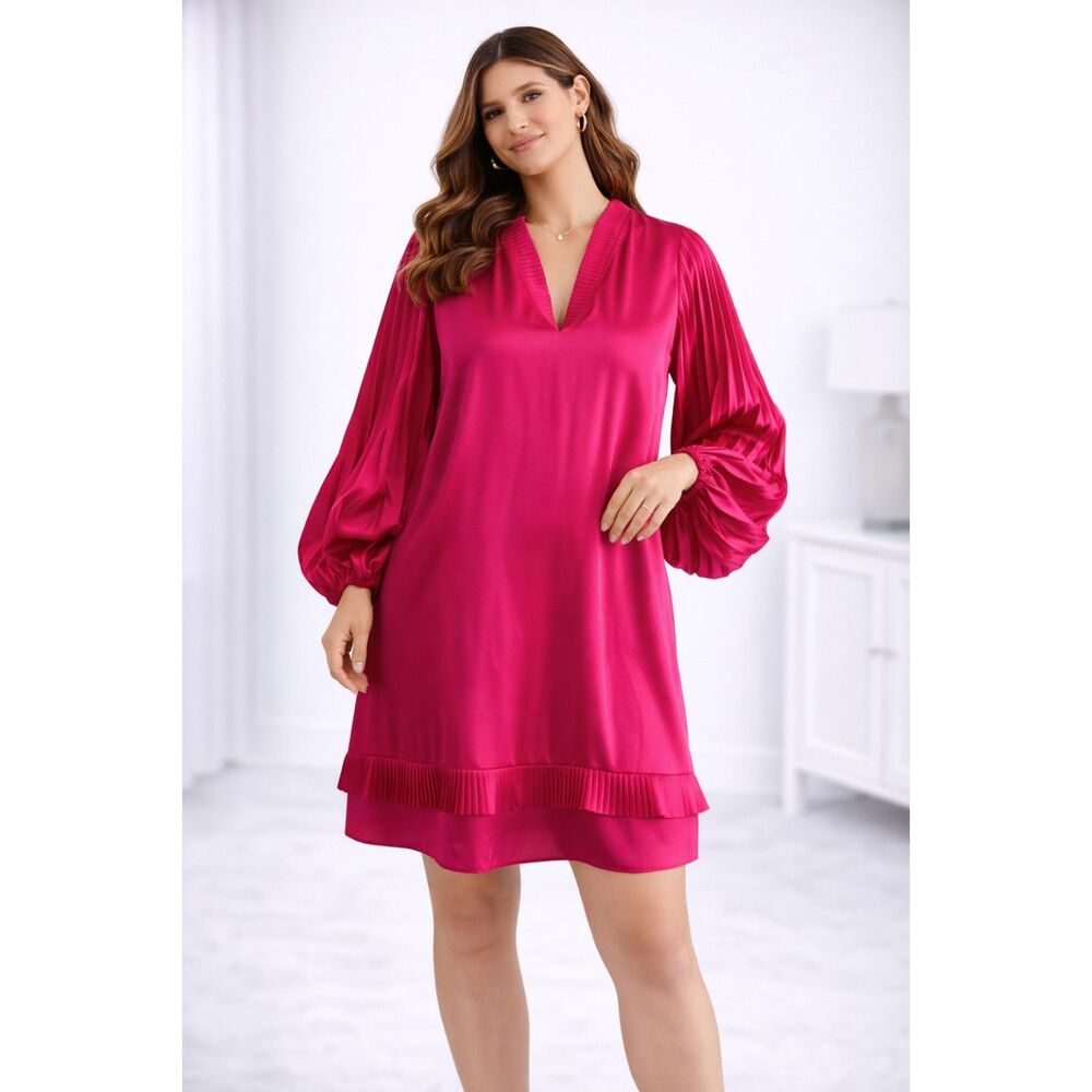 Alden Adair Dress Neo Pink Liza Long Pleated Sleeve Wedding Cocktail L